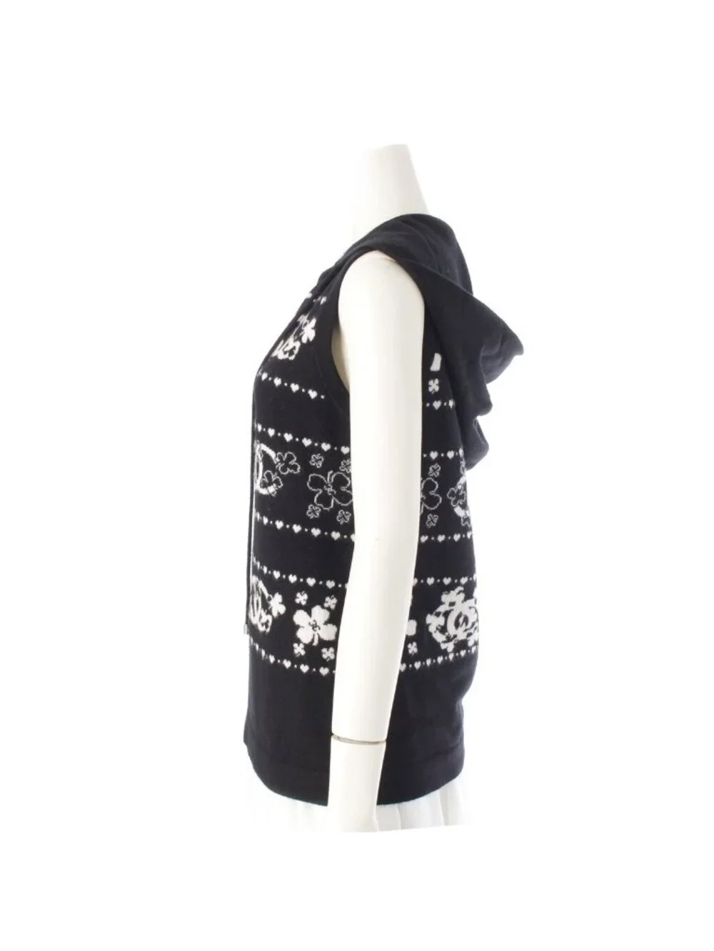 Chanel Cashmere Cotton CC Logo Clover Hoodie Knit Vest Top Black White 38