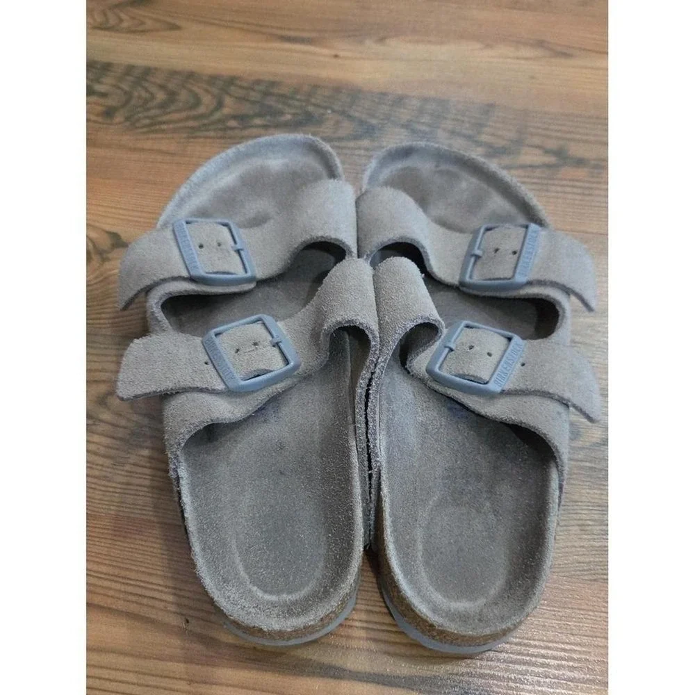 Arizona Soft Footbed Suede Leather Stone Coin Gray Sandal Slip On Boho Earthy 38