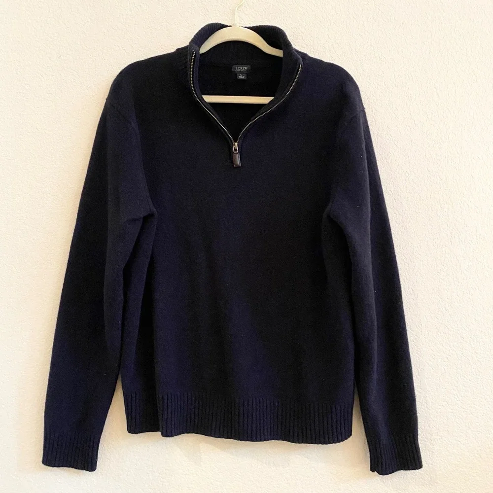 J Crew Mens Navy Blue Merino WoolQuarter‎ Zip Sweater L Long Sleeve Pullover