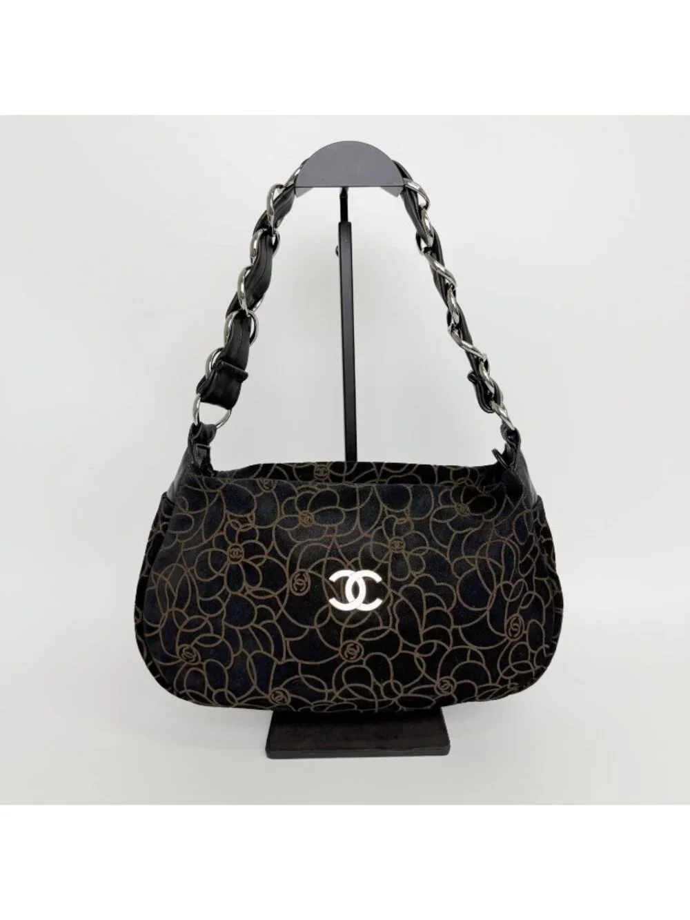 Chanel Camellia Print CC Logo Chain Shoulder Bag Suede Leather Black Silver
