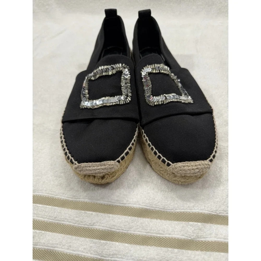 Authentic Roger Vivier Paris Black Satin Espadrilles Crystal Buckle Flats US 7