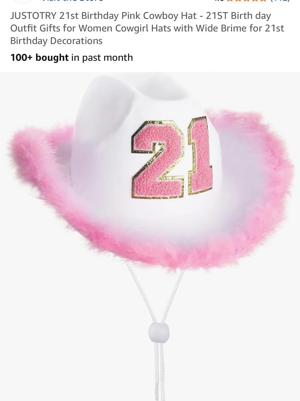 21st Birthday White Cowboy Hat with Pink Feather Trim