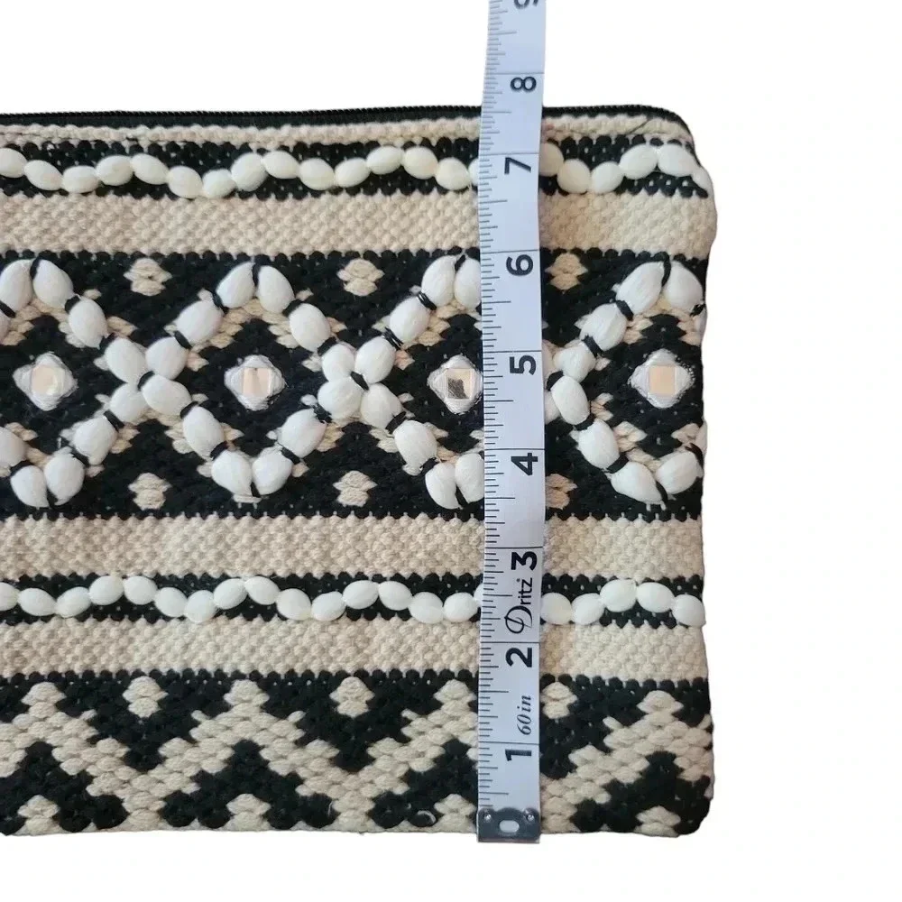 Chicosoleil Women's Large Woven Boho Cosmetics Pouch/Clutch, Black/Cream/White
