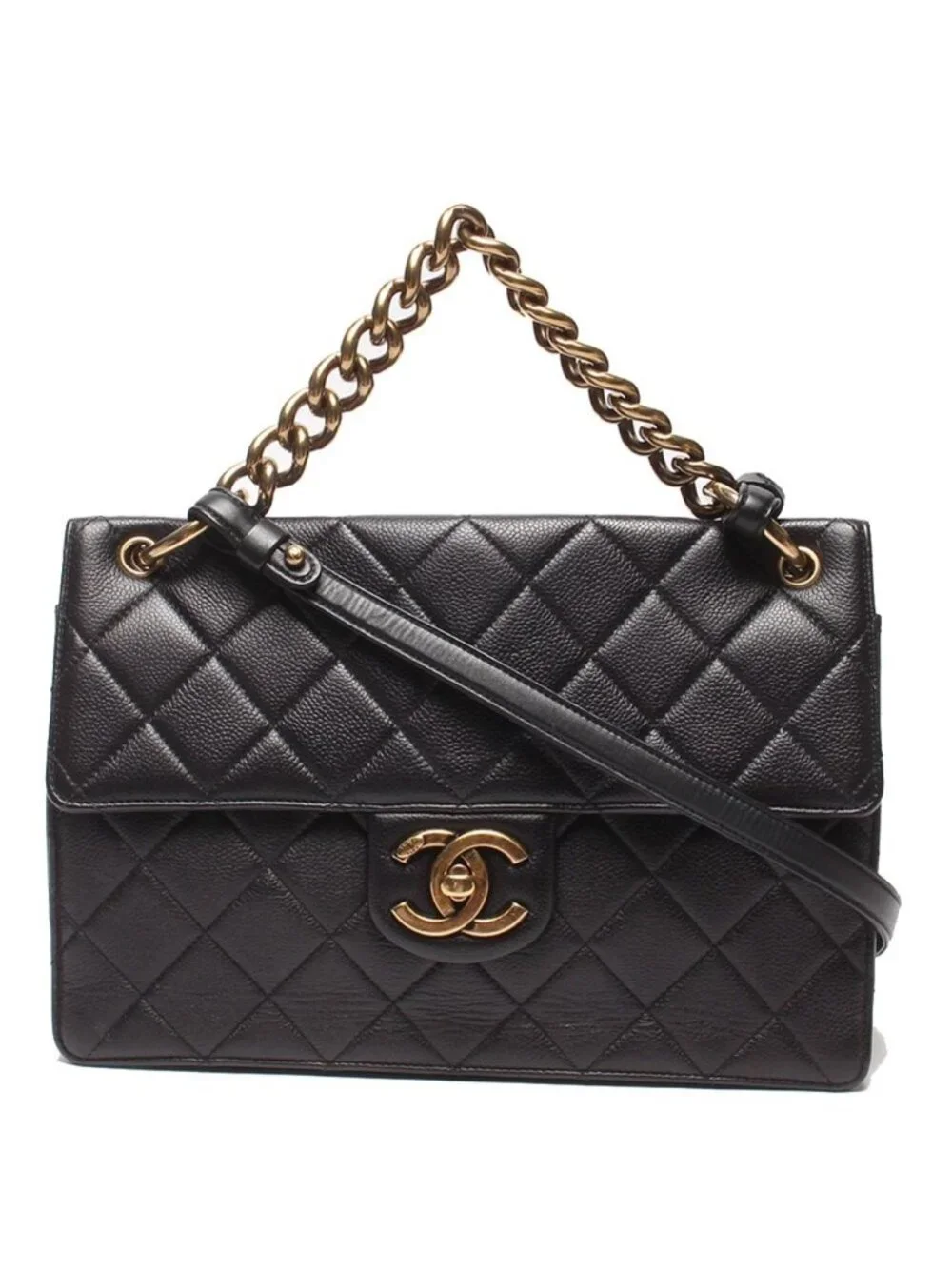 Chanel 2-Way Chain Shoulder Bag Gold Quilted Caviar Leather