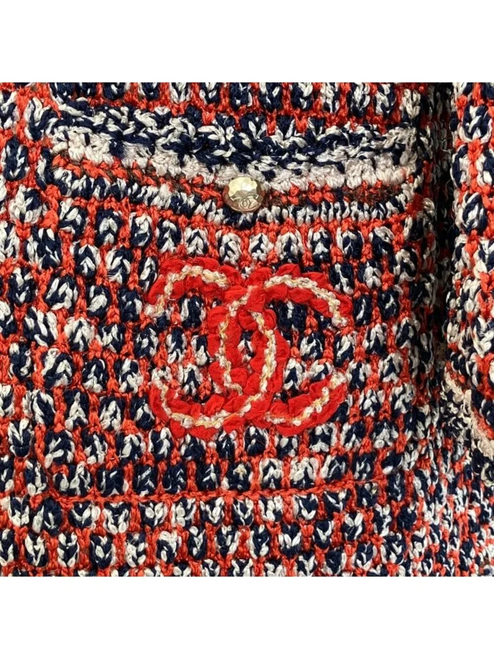 Chanel CC Logo Chain Knit Cardigan 34 Orange Navy