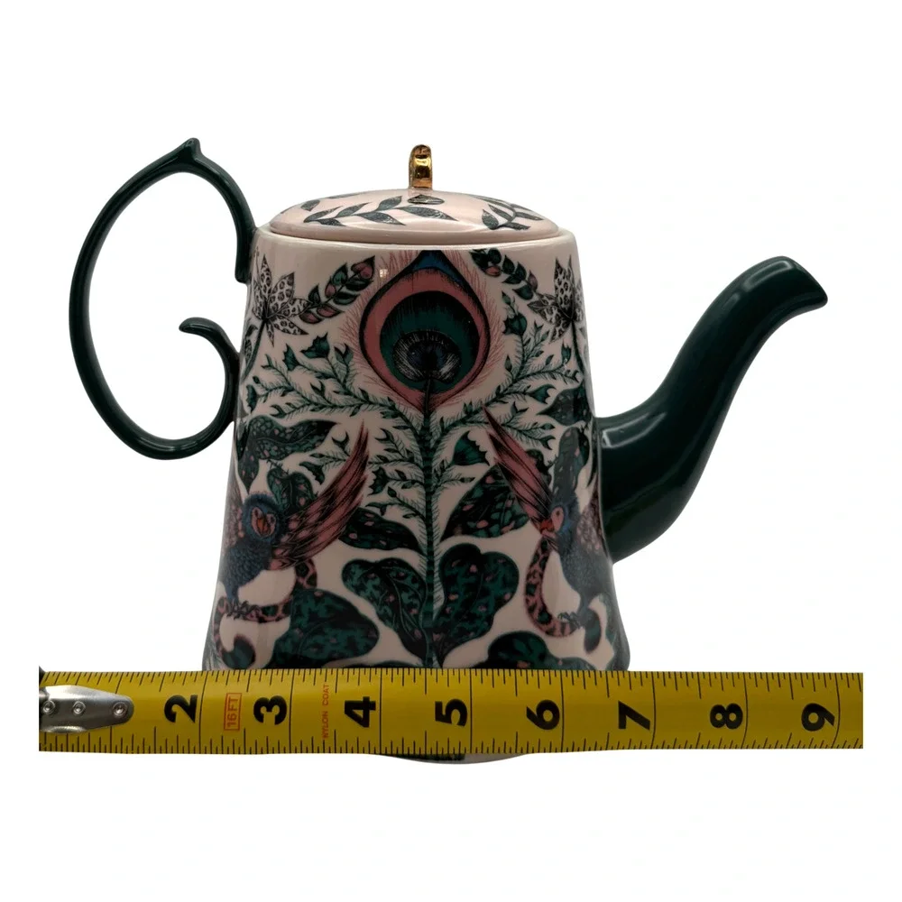 Anthropologie Emma J Shipley Maisie Teapot Peacock Feathers Bird Leaves Pink HTF