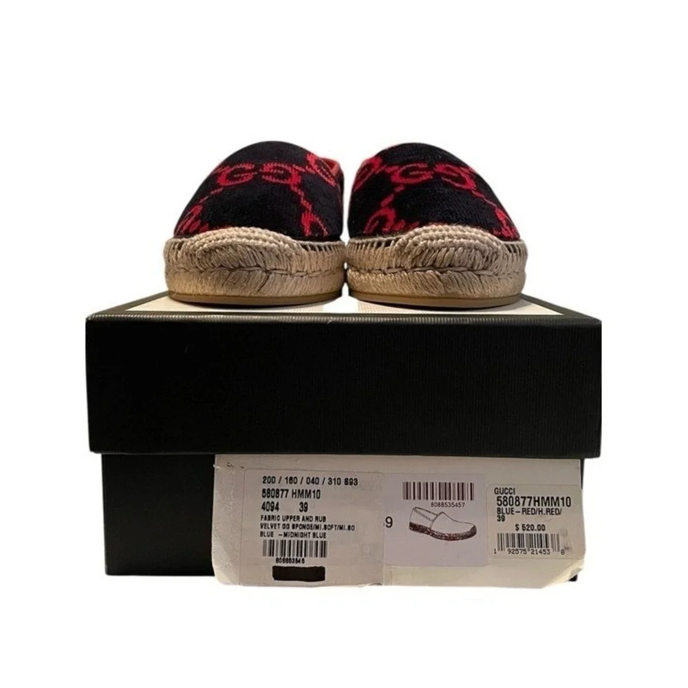 Gucci Women's GG Velvet Blue Red Logo Jute Espadrille Flats Size IT 39 (US 9)