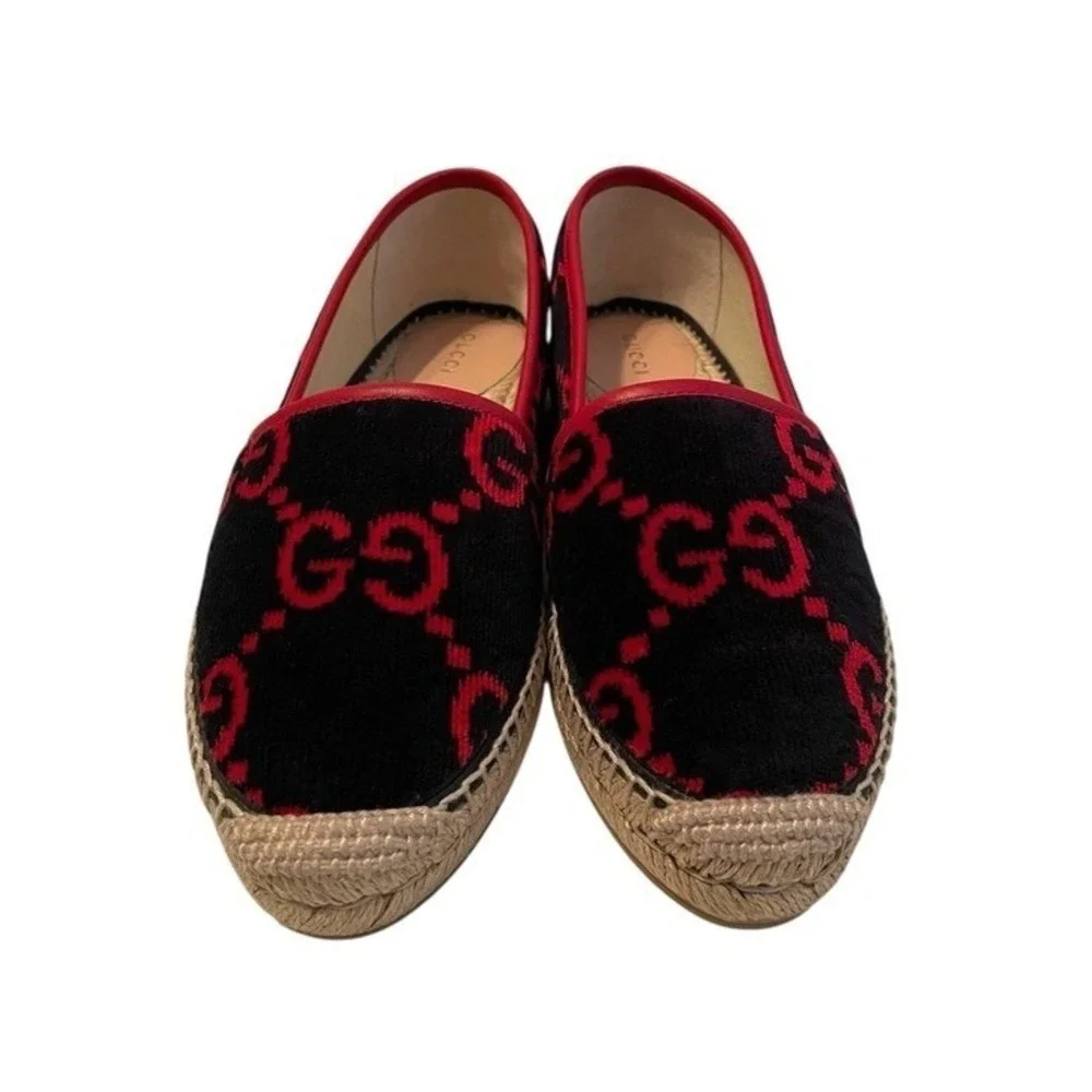 Gucci Women's GG Velvet Blue Red Logo Jute Espadrille Flats Size IT 39 (US 9)