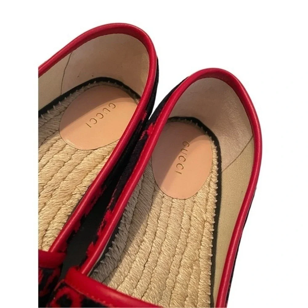 Gucci Women's GG Velvet Blue Red Logo Jute Espadrille Flats Size IT 39 (US 9)