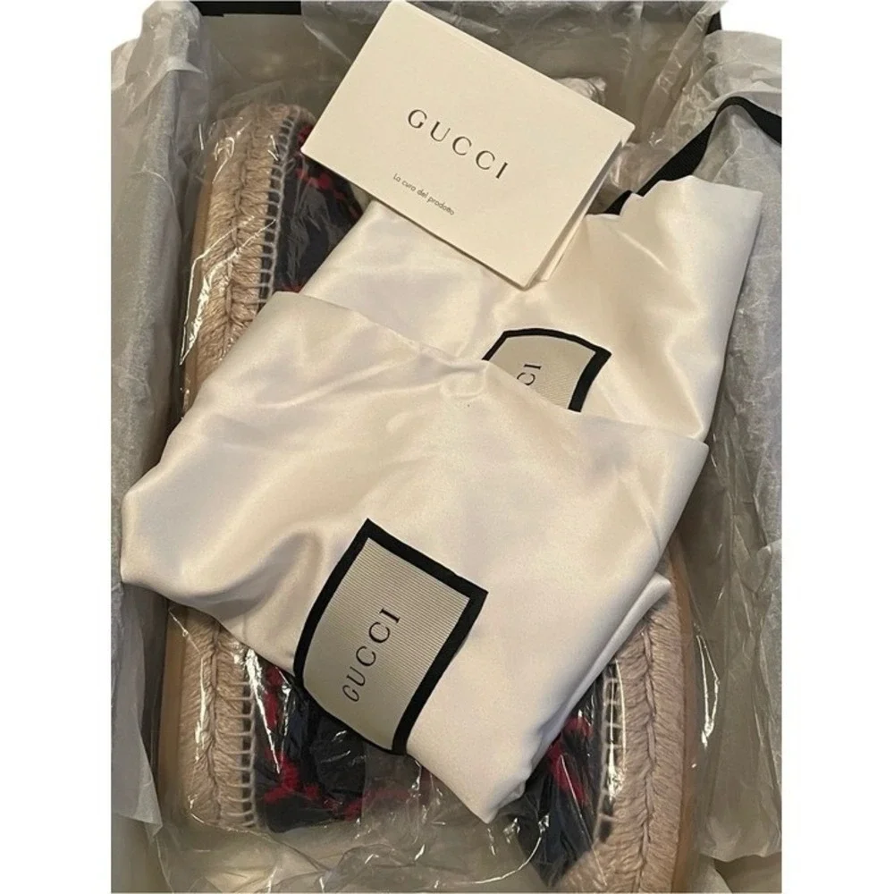 Gucci Women's GG Velvet Blue Red Logo Jute Espadrille Flats Size IT 39 (US 9)