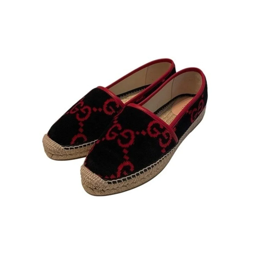 Gucci Women's GG Velvet Blue Red Logo Jute Espadrille Flats Size IT 39 (US 9)