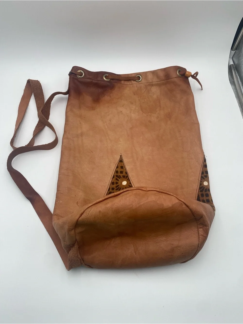 Vintage Style Brown Leather Drawstring Cosmetic Bag