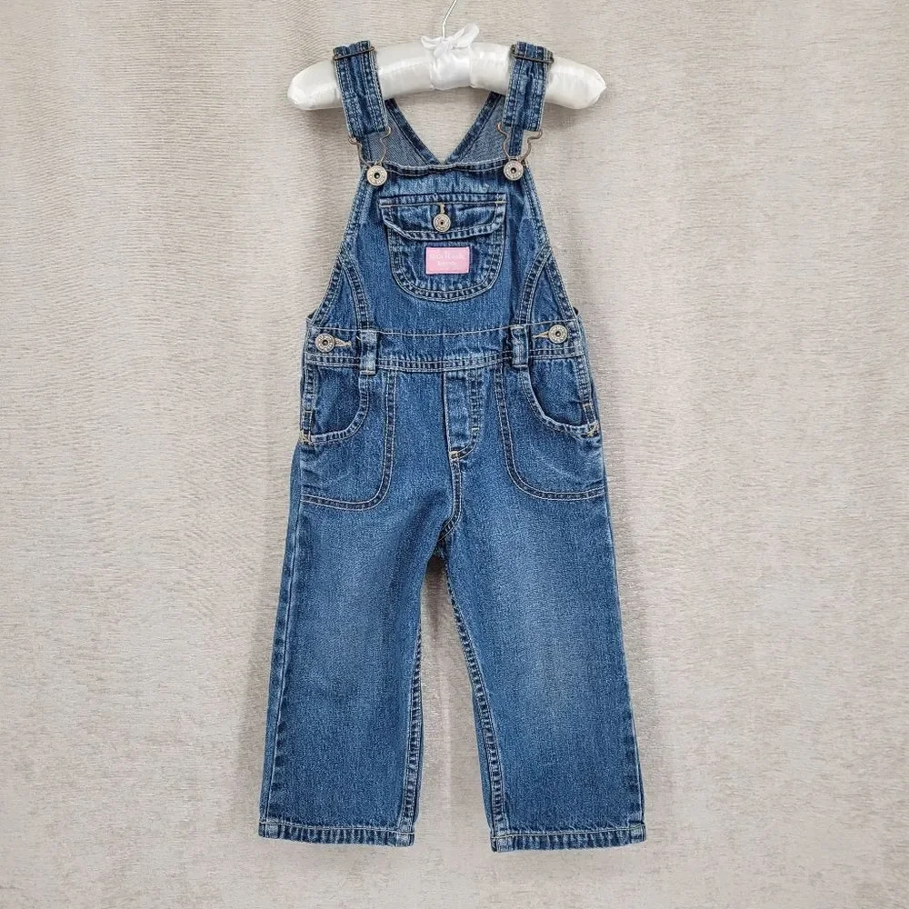 Oshkosh Vestbak Denim Blue Jean Kids Overalls Girls Pink Accents Size 2T
