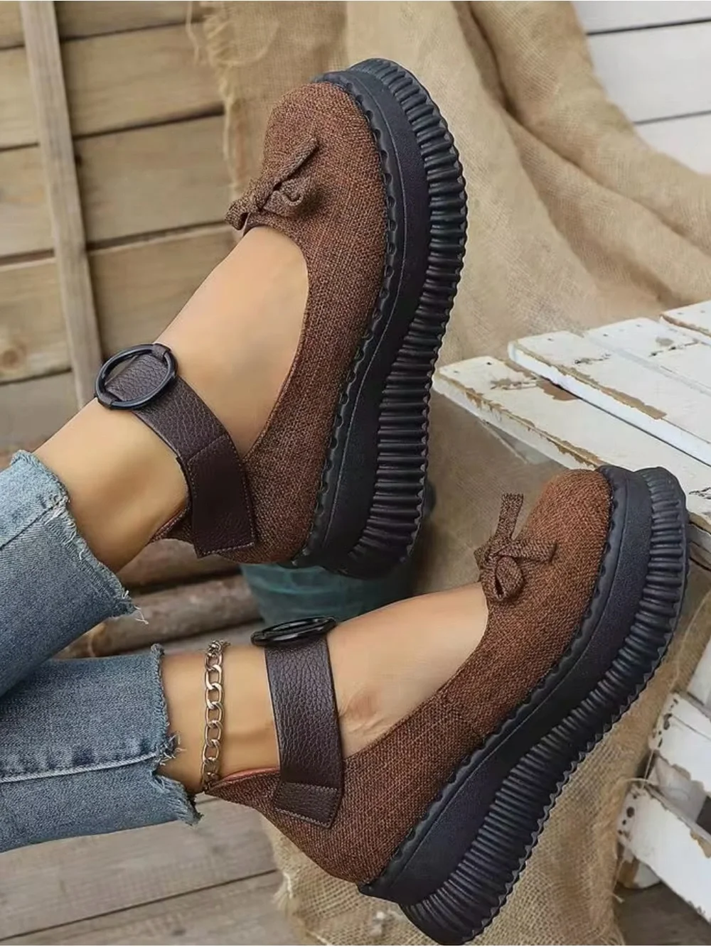 Brown Platform Mary Jane Shoes with Ankle Strap