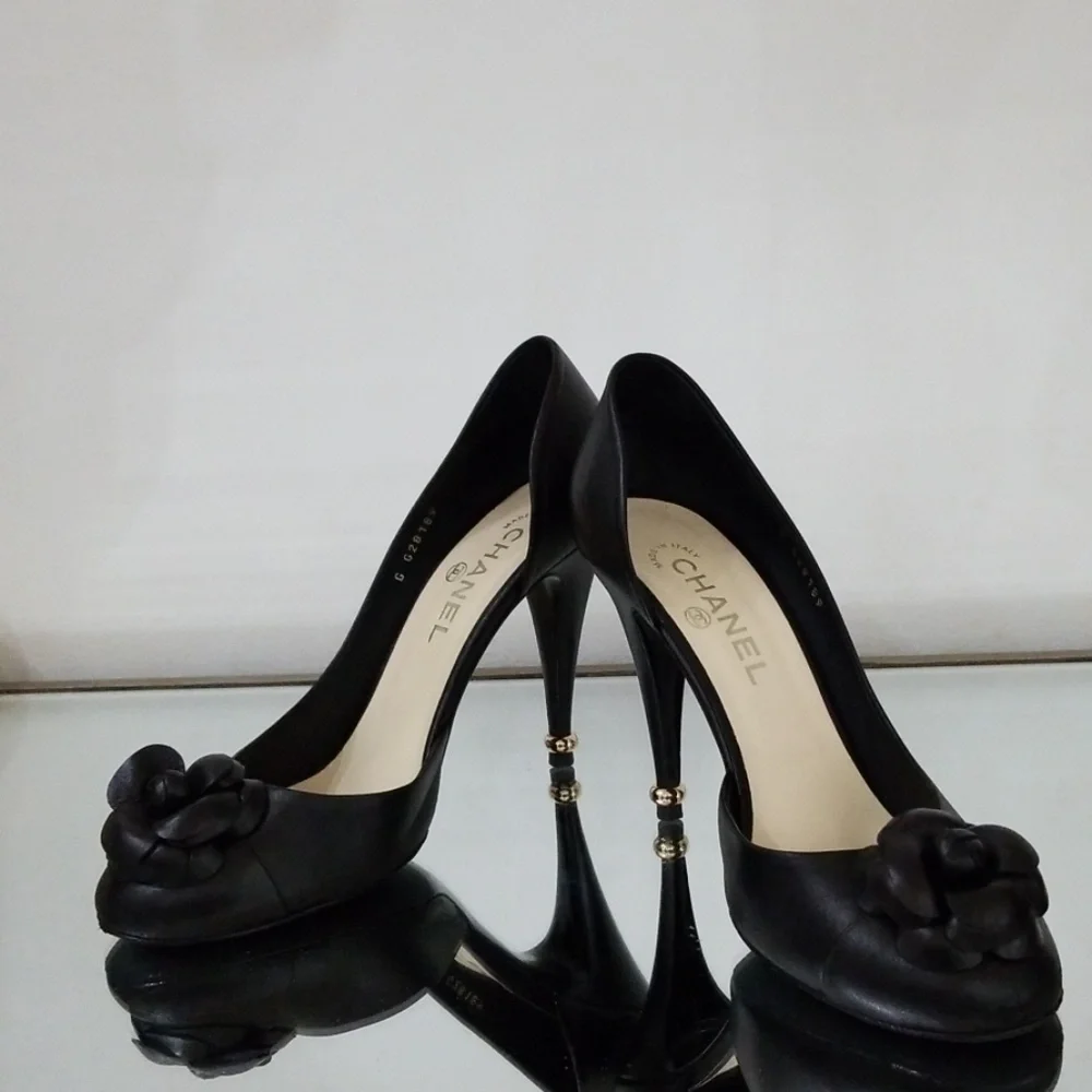 CHANEL Black Leather Camellia Peep-Toe Pumps