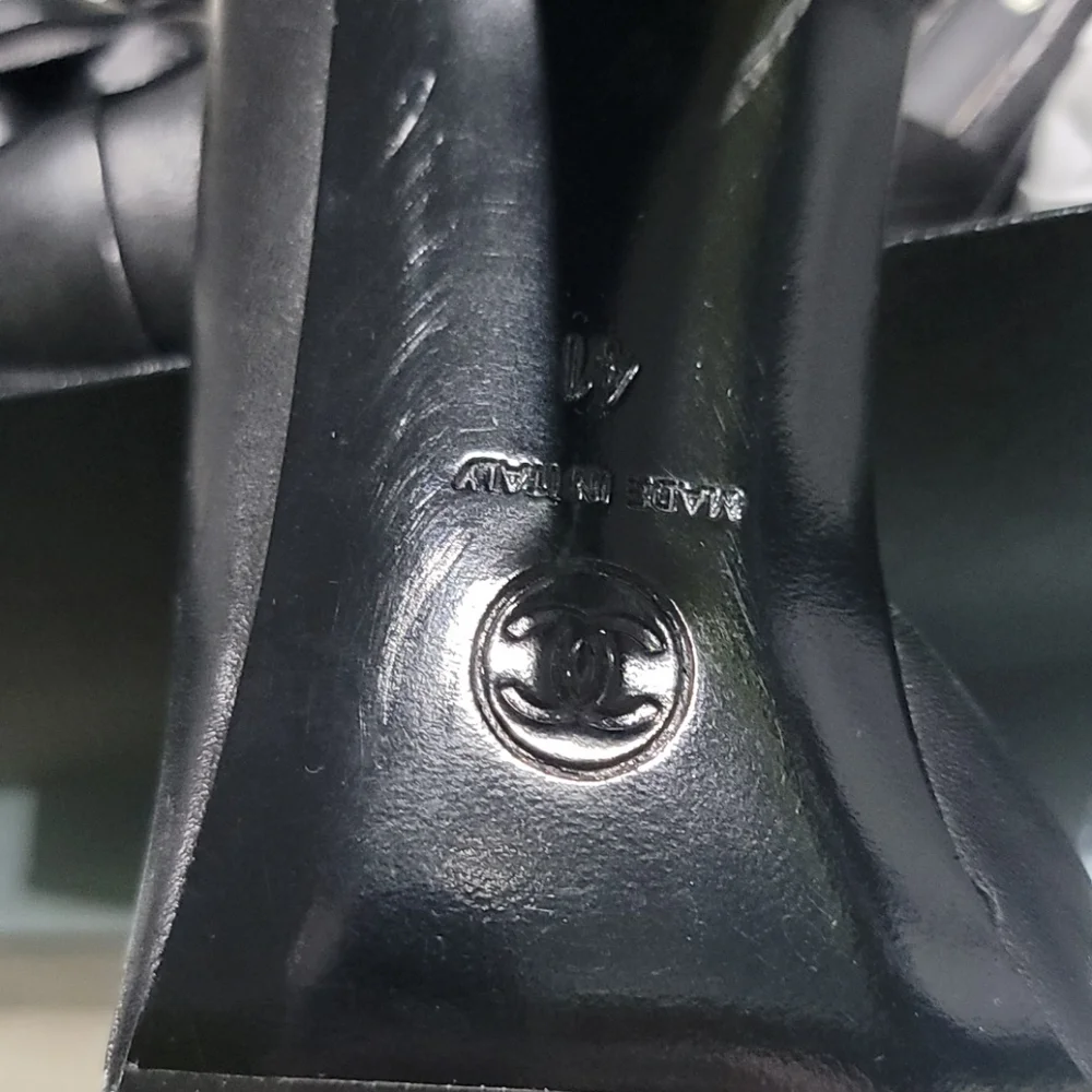 CHANEL Black Leather Camellia Peep-Toe Pumps