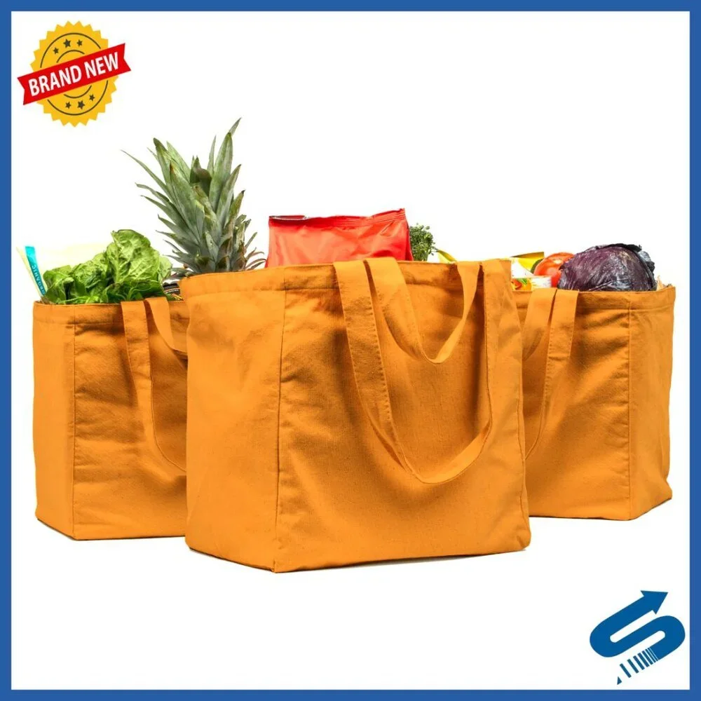 Heavy Duty Canvas Tote Bags Set Foldable Washable with Pockets Dual Handles