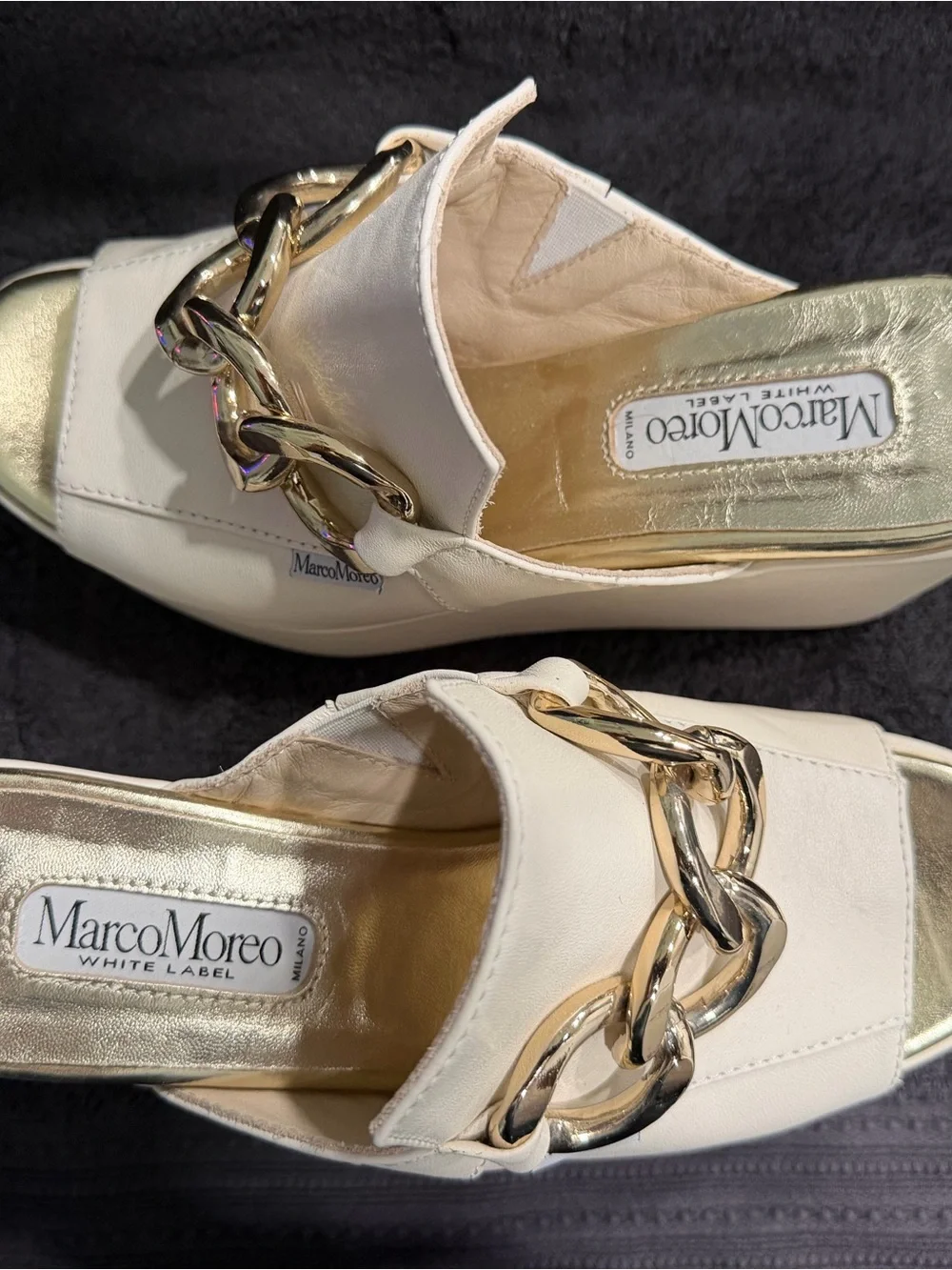 MarcoMareo White Platform Wedge Sandals with Gold Chain Accent Size 7.5