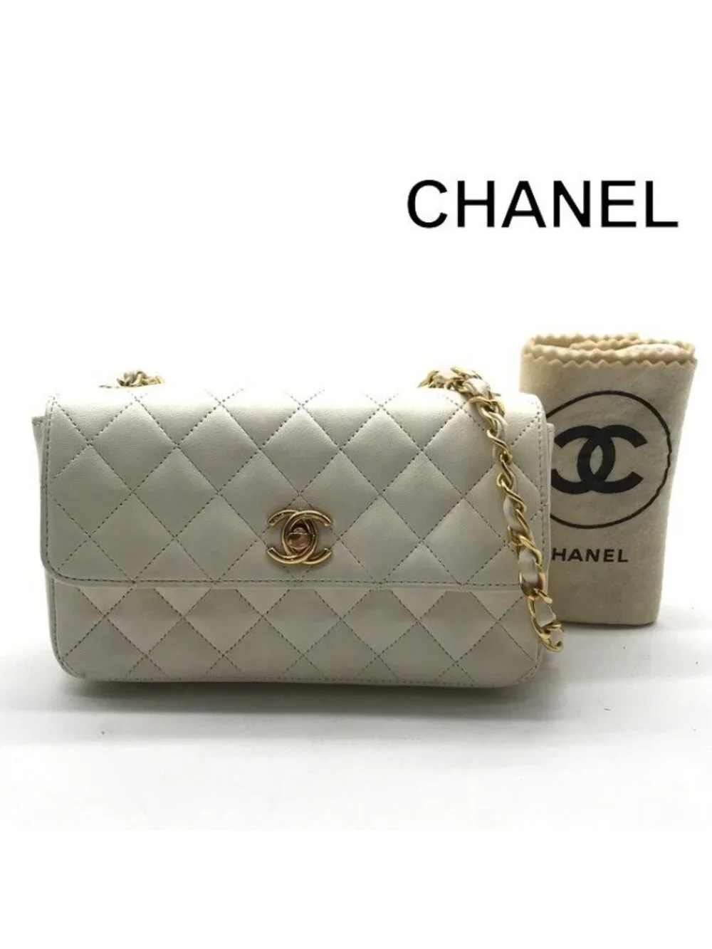 Chanel CC Logo Mini Quilted Lambskin Chain Shoulder Bag Turnlock White