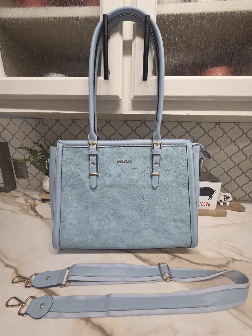 NWOT Mosiso Light Blue Floral-Embossed Women's Laptop Tote/crossbody Bag