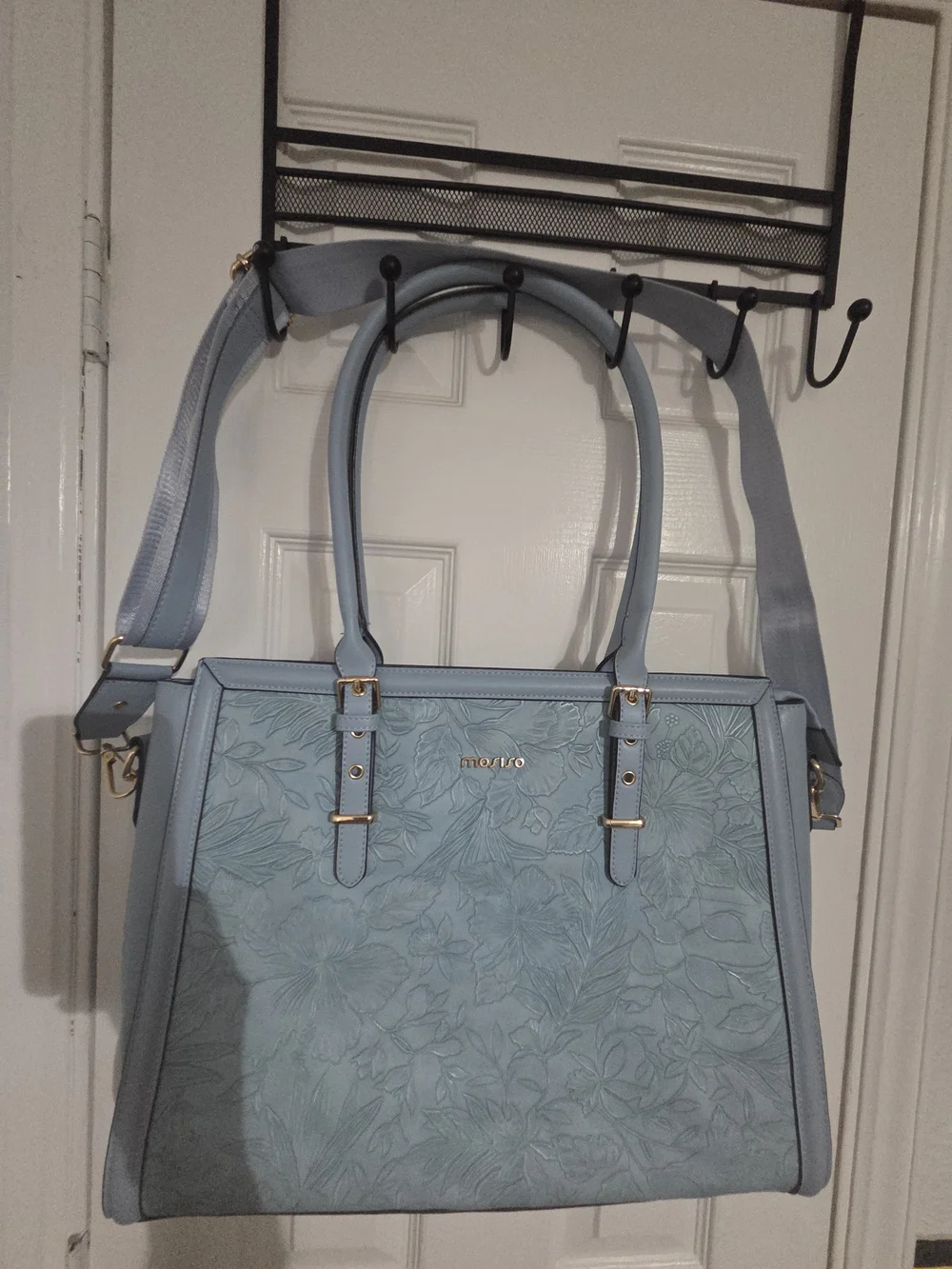 NWOT Mosiso Light Blue Floral-Embossed Women's Laptop Tote/crossbody Bag