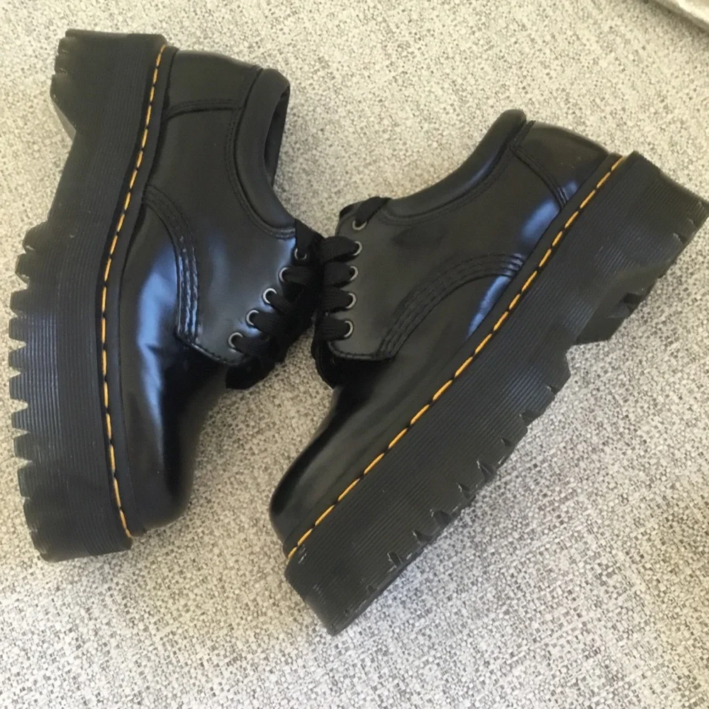 Dr. Martens  8053 Quad Black Patent Leather Platform Derby with Yellow Stitching