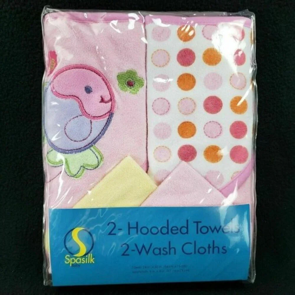 Spasilk Pink 2 Hooded Towels and‎ 2 Washcloths Set Fish Polka Dots New