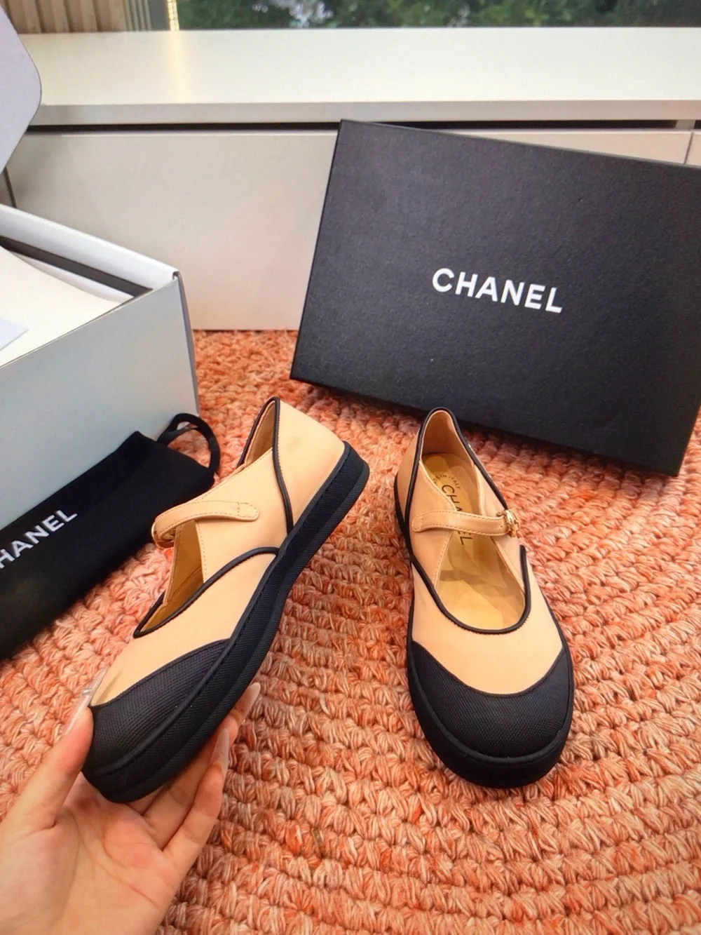 CHANEL Beige and Black Mary Jane Flats with Gold Buckle