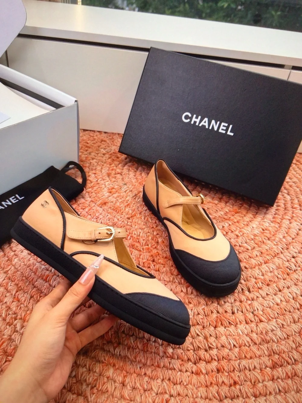 CHANEL Beige and Black Mary Jane Flats with Gold Buckle