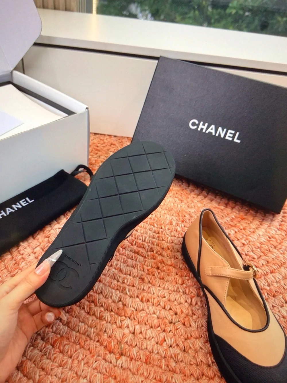 CHANEL Beige and Black Mary Jane Flats with Gold Buckle