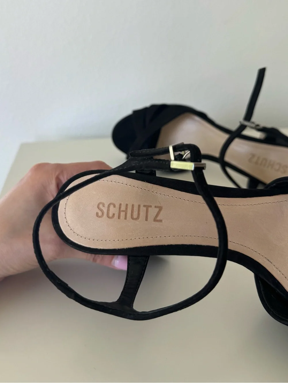 Schutz Black Keefa Suede Platform Sandals with Ankle Strap 8.5