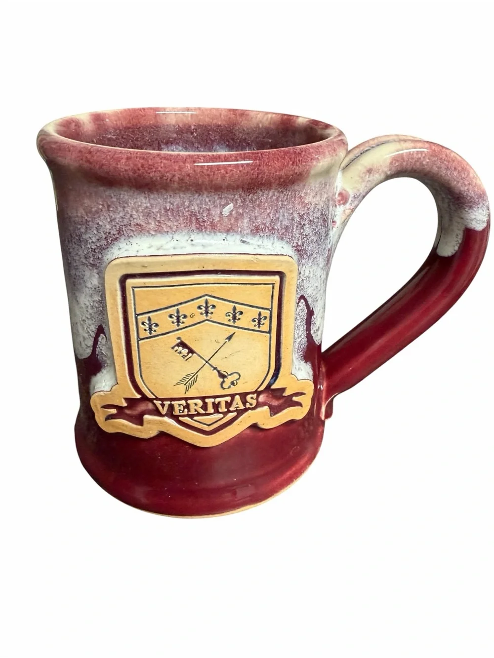 Veritas Crest Ceramic Coffee Mug‎ in Burgundy and Cream by Grey Fox Pottery