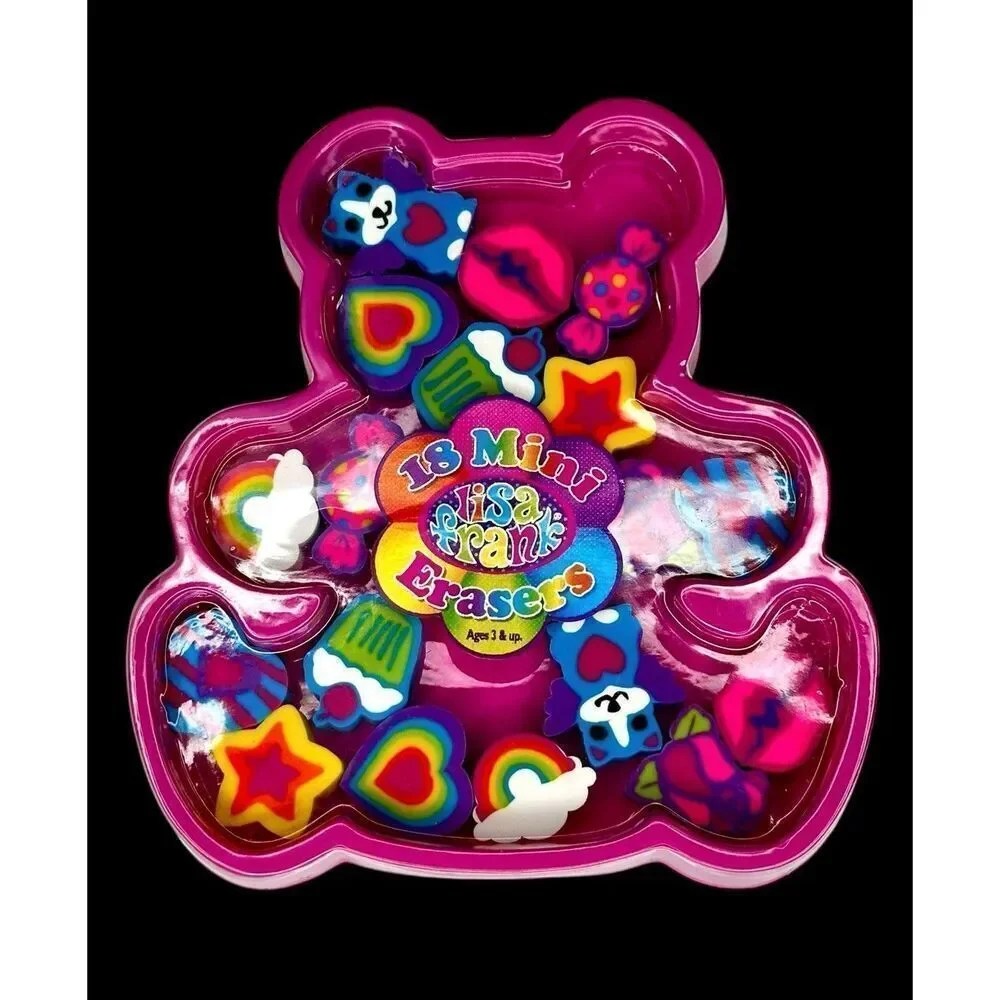 New Vintage Y2K Lisa Frank 18 Mini Erasers Pink Teddy Bear Case Unused