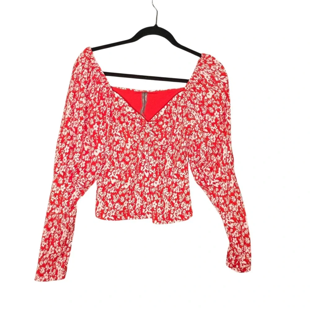 Anthropologie Red Floral Puff Sleeve Sweetheart Cropped Blouse Sz S Romance Boho