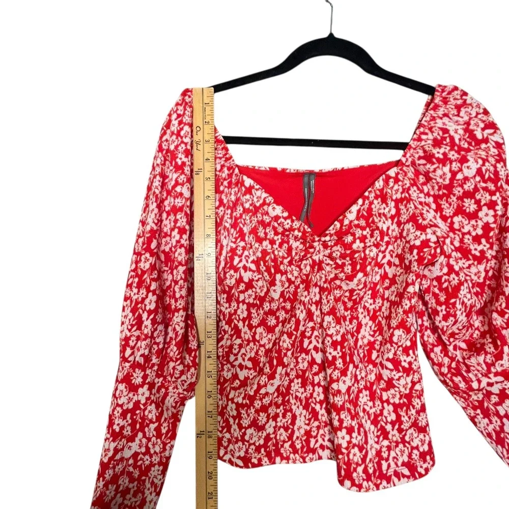 Anthropologie Red Floral Puff Sleeve Sweetheart Cropped Blouse Sz S Romance Boho