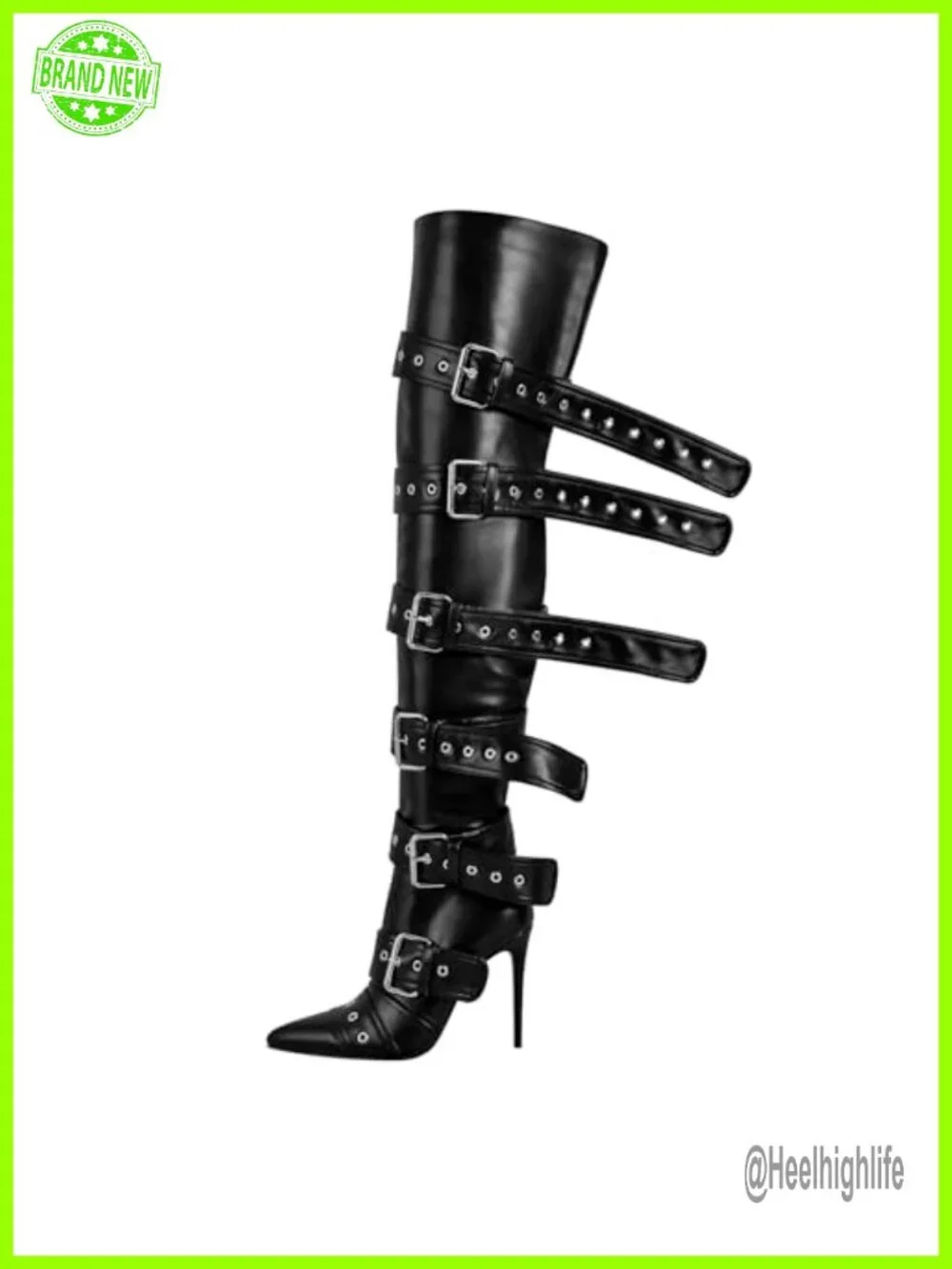 Multi-Buckle Strap Over the Knee Pointed Toe Stiletto Heeled Boots