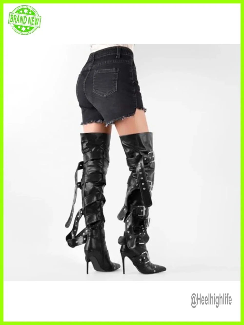 Multi-Buckle Strap Over the Knee Pointed Toe Stiletto Heeled Boots