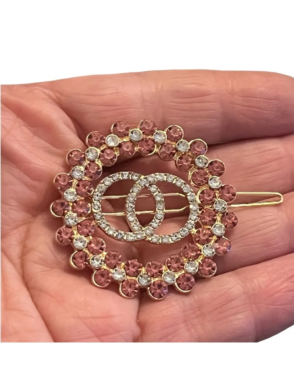 Pink Crystal Circle Hair Clip with Gold Tone Accents FINAL PRICE DROP