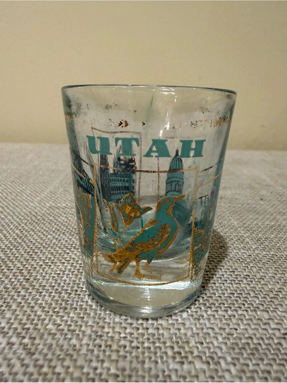 Vintage 1960s 1970s Utah Souvenir Shot Glass Teal Gold MCM Travel State