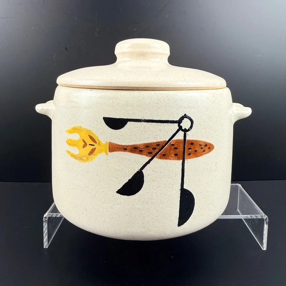 West Bend Stoneware Bean Pot MCM Fork & Spoon Pattern Crock with Lid