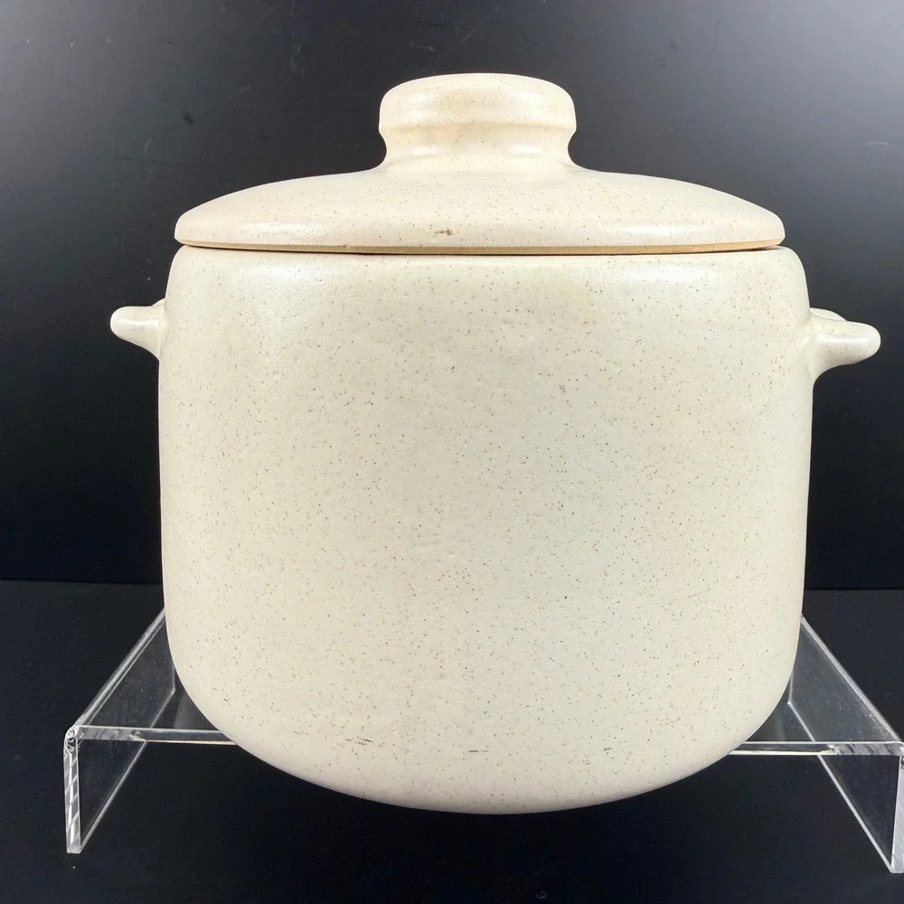 West Bend Stoneware Bean Pot MCM Fork & Spoon Pattern Crock with Lid