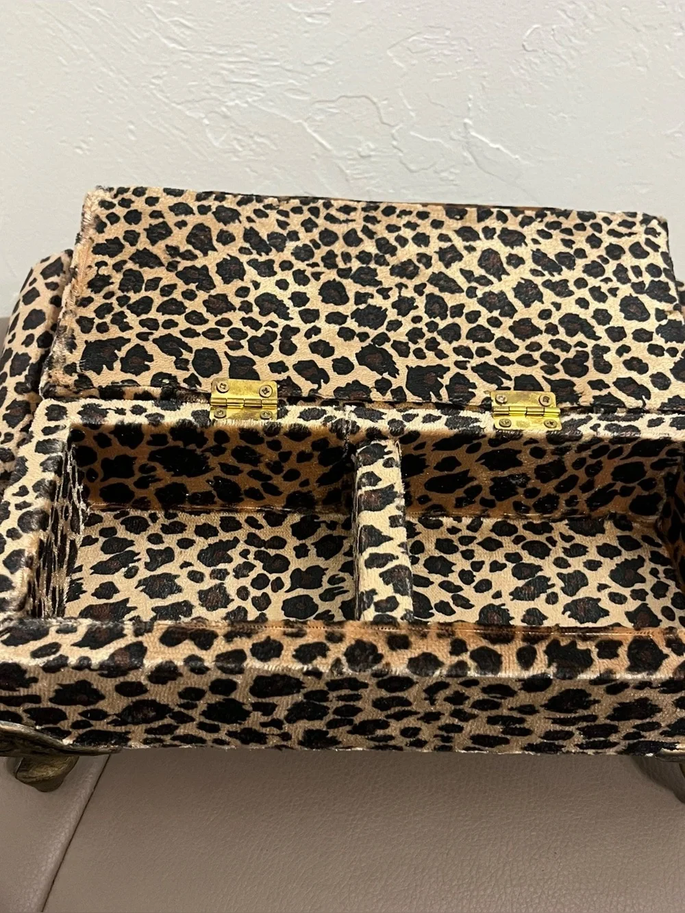 Miniature Chaise Lounge Jewelry Box Leopard Print Velvet Small Couch Trinket Cas