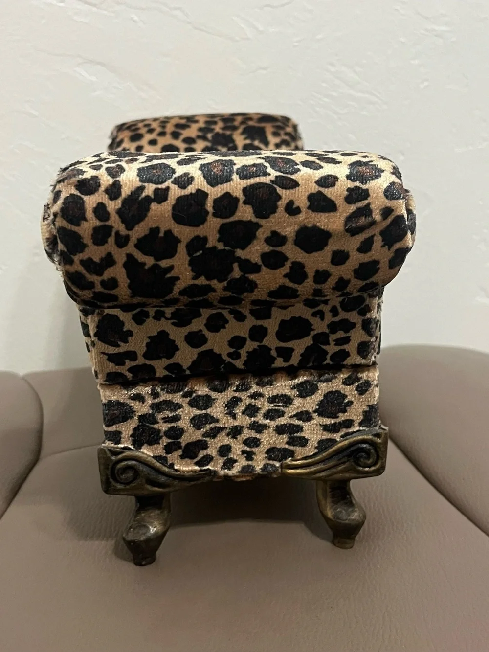 Miniature Chaise Lounge Jewelry Box Leopard Print Velvet Small Couch Trinket Cas