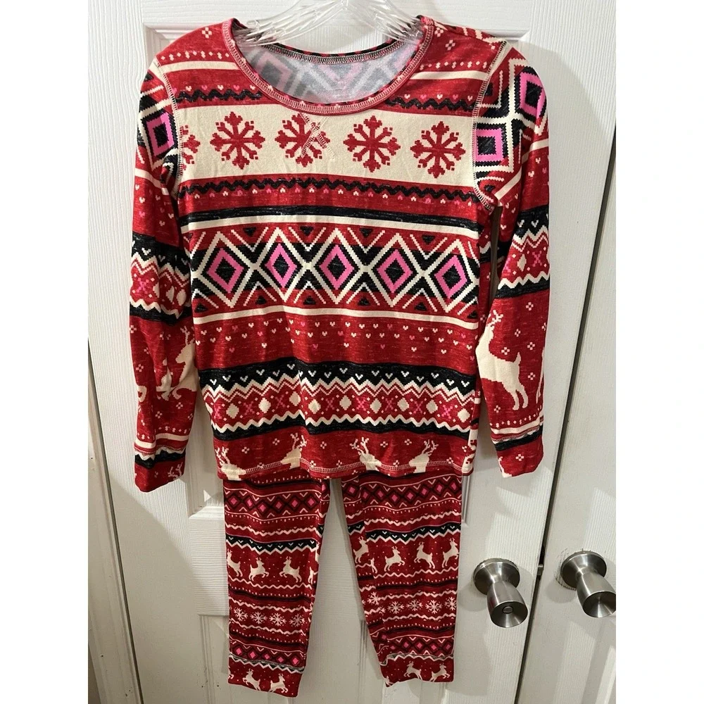 Justice Girls Size 10 Reindeer‎ Fair Isle Red 2-Piece Pajamas Sleepwear Set NwOT