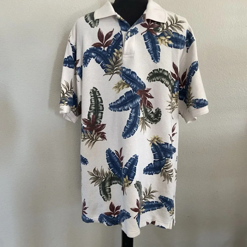 Chaps Ralph Lauren Tropical Print Short Sleeve‎ Ribbed Polo Size Large Cotton