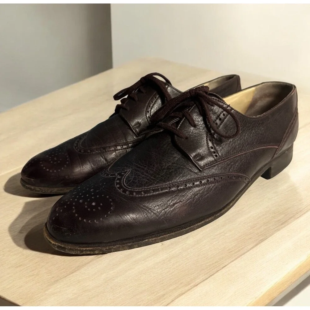 Vtg BALLY of Switzerland Leather Dress Burgundy Wingtip Oxford Shoes Men's 10‎