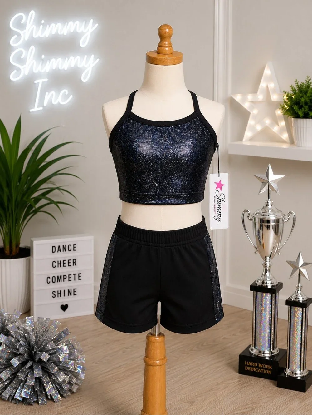 Shimmy Shimmy Inc Black Hologram Dance crop top and short Set NWT Cheer Gym