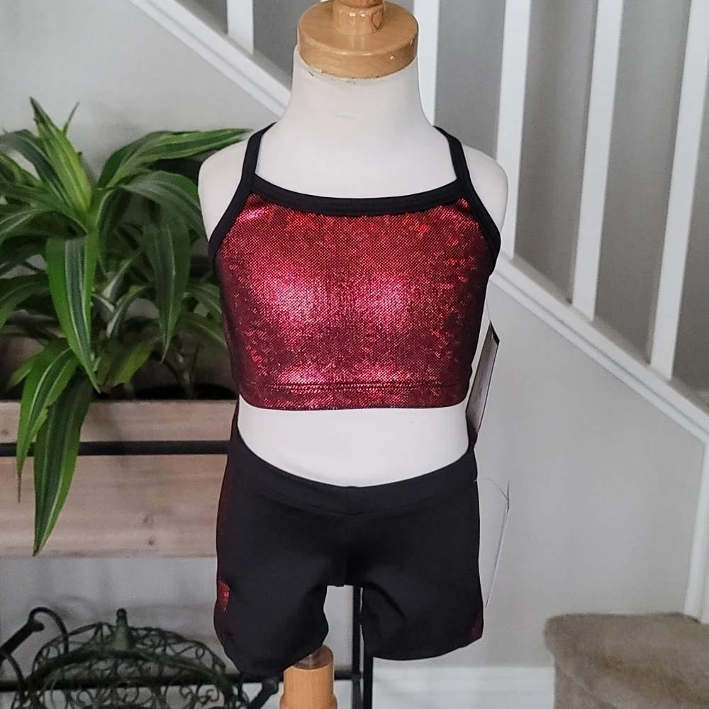 Shimmy Shimmy Inc Red Hologram Dance crop top and short Set NWT Cheer Gym