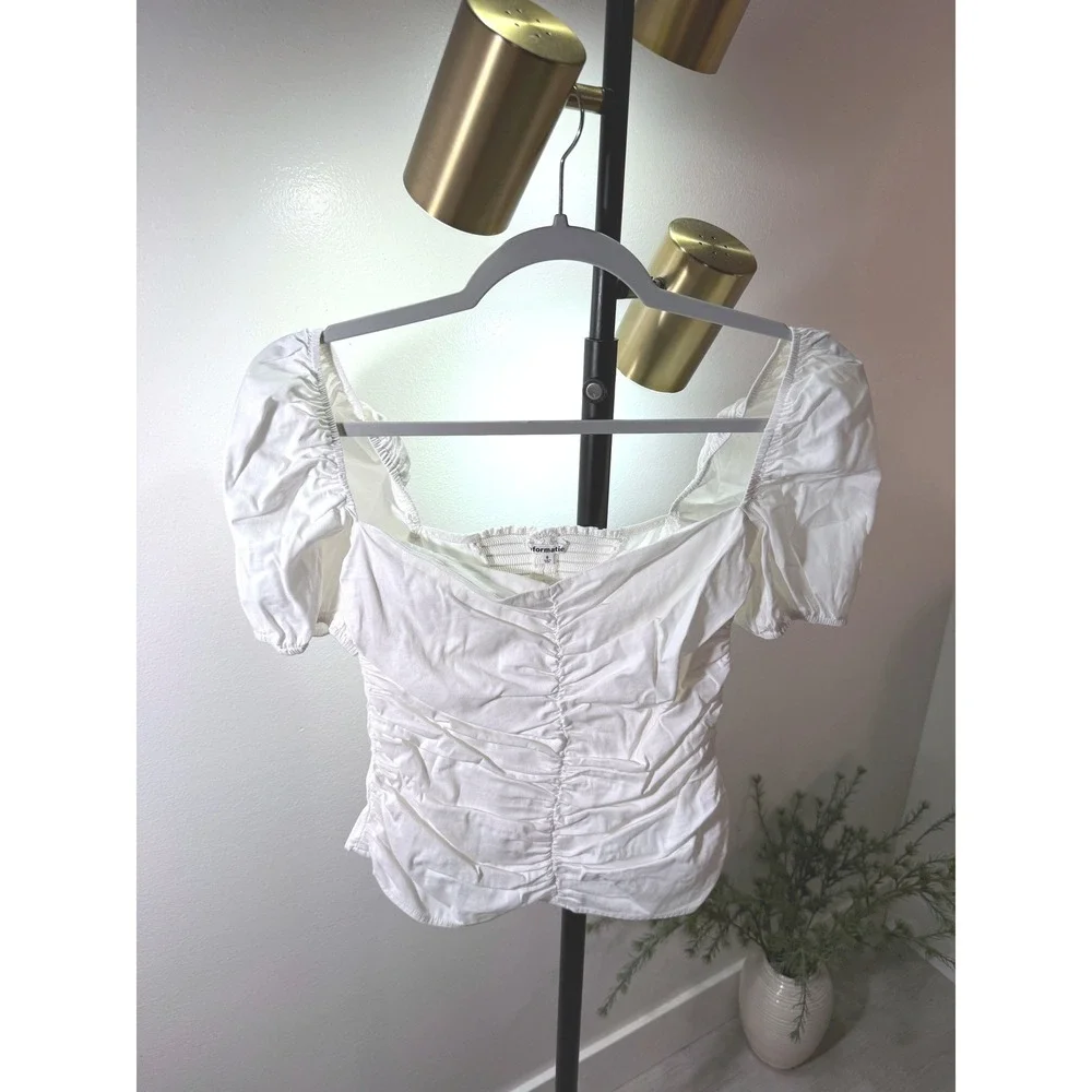 Reformation White Puff Sleeve Ruched Organic Cotton summer clean girl Top Size 6