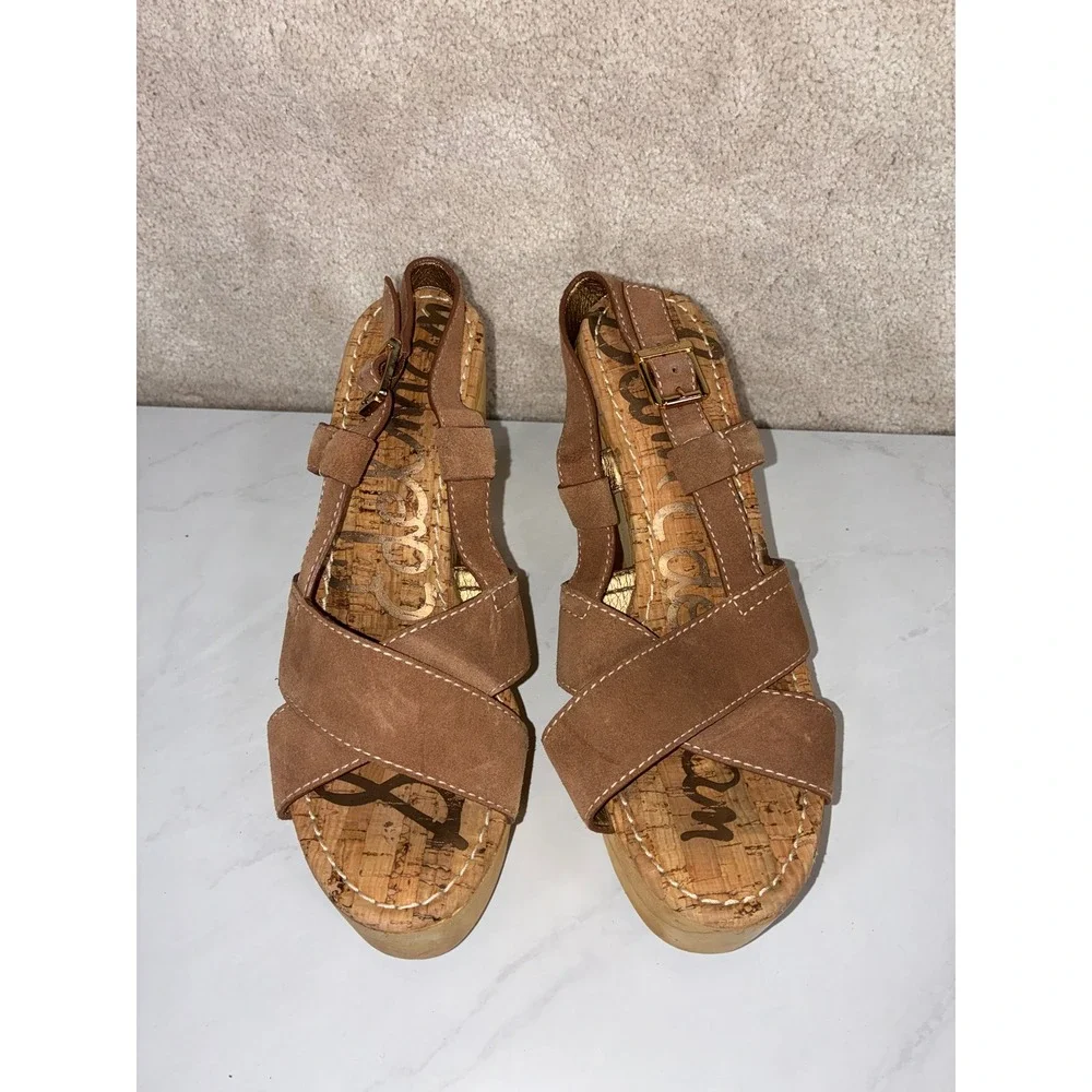 Sam Edelman Tan Platform Sandals - 9M - Mae Suede Wood Block Heel  Retro Summer